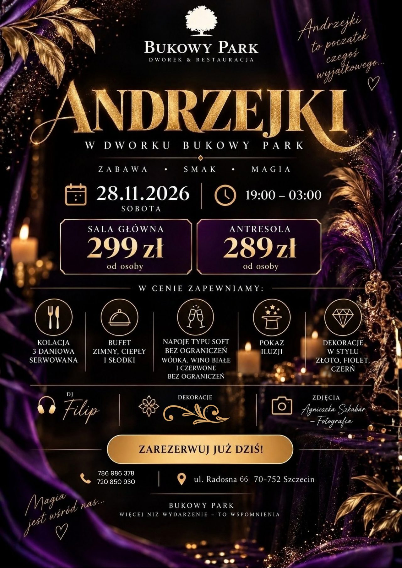 Plakat Andrzejki 28 listopada 2026 w Dworku Bukowy Park